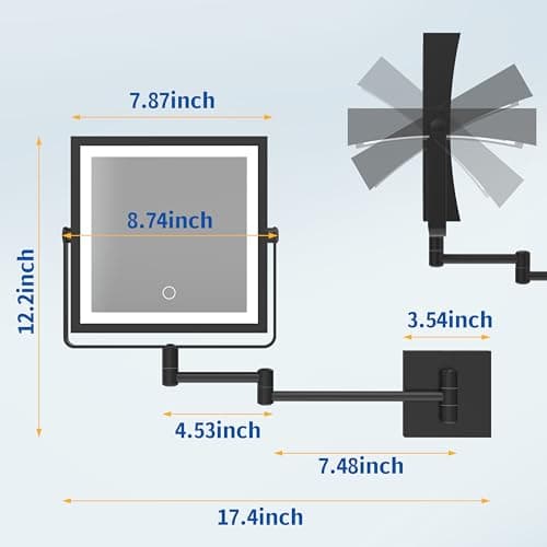 Ruacq Rechargeable Wall Mounted Makeup Mirror with Lights, Double Sided 1X/10X Magnifying Vanity Mirror with 3 Color Lighting, Touch Screen Dimmable, 360° Rotation Extension Foldable Arm(Matte Black) 7