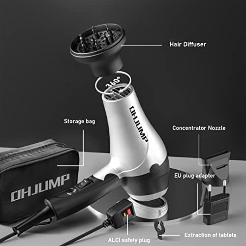 OHJUMP Travel Hair Dryer Blow Dryer with Diffuser, Portable Small Dual Voltage Compact Hairdryer, EU Plug, 1875W Powerful Fast Dry, Folding Handle, Diffuser Hair Dryer Silvery 6
