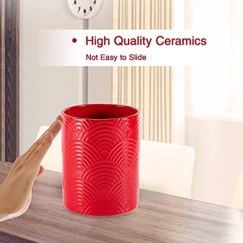 MEIGUI Ceramic Kitchen Utensil Holder, Utensil Crock Large Utensils Holder for Kitchen Decor, Cooking Tool Utensils Caddy for Countertop, Sector Red 6