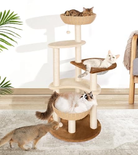 SENNAUX 54" Cat Tree Tower for Indoor Cats, Boho Modern Cat Tree for Large Cats with Natural Sisal Scratching Posts, Unique Cat Tree Hand-Made Wicker Cat Basket Cute Cat Tree for Large Cats 20 lbs 8