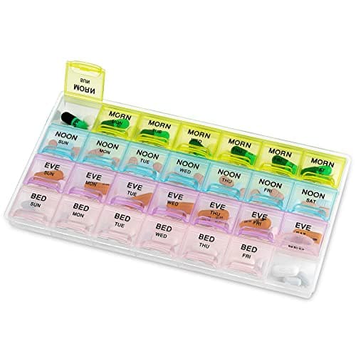 Pill Organizer - Large Pill Organizer with Weekly and Daily 4-Times-A-Day Compartments for Morning, Noon, Evening, Night - BPA-Free, Portable and Travel Friendly Pill Boxes Case