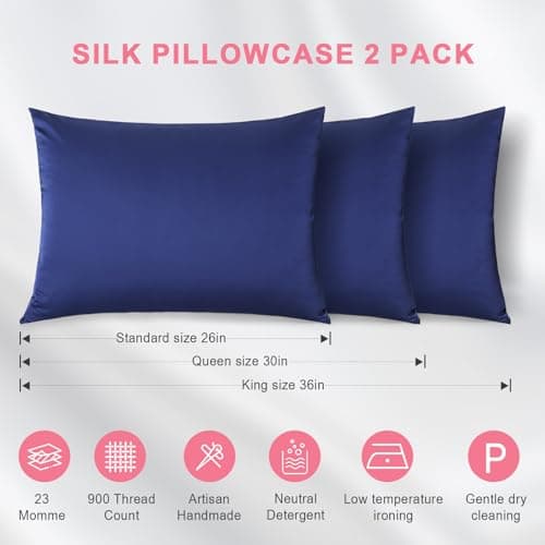 100% Silk Pillowcase 2 Pack for Hair and Skin, Both Sides 23 Momme Grade 6A+ Mulberry Silk Pillowcases with Hidden Zipper, Soft&Smooth Cooling Pillow Cases (Navy Blue, Queen 20×30) 6