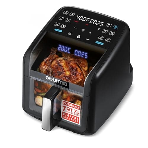 Gourmia Air Fryer 7 QT - Easy View Panorama Window & Interior Light, Guided Cooking with 12 One-Touch Presets, FryForce 360, Dishwasher Safe Accessories, Black
