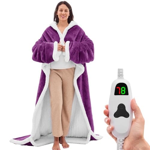 greenoak Wearable Heated Blanket Electric Snuggle - Heated Blanket with Foot Pocket and Sleeves for Adult, Winter for Mom Women 5-Position Timer 10-Heating Levels,50 * 70",Purple