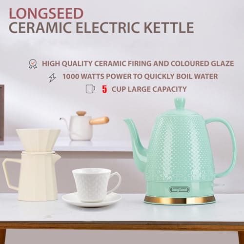 LONGSEED 1.2-Liters Ceramic Electric Kettle Pot, 1000W Fast Boil Water For Coffee & Tea, Automatic Shut-Off, Boil Dry Protection, Retro Gooseneck Teapot BPA Free Boiler 8