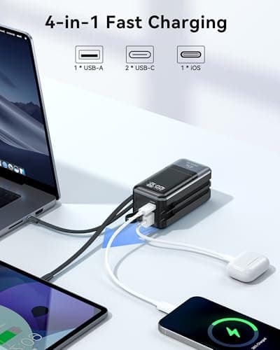 Portable Charger, 65W Power Bank Fast Charging, USB C Battery Pack with Built in Cable, 4 Outputs Powerbank, Travel Essentials Compatible with iPhone 17 16 15 14 13 iPad MacBook Pro Samsung Dell XPS 8