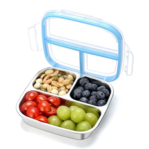 DOCMON Stainless Steel Snack Containers, 3 Compartments Reusable on and go Bento Box with Lids for Kids, Lunch Box Pre Meal Storage for School Office Outdoor Camping Travel - Blue