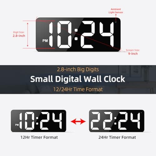 LED Digital Wall Clock with Large Display, Big Digits, Auto-Dimming, 12/24Hr Format, Modern Electric Small Silent Wall Clock for Living Room, Bedroom, Classroom, Farmhouse, Kitchen, Office - White 2