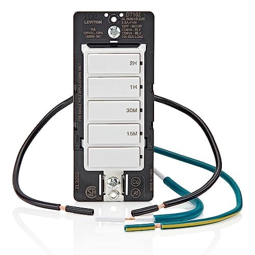 Leviton Countdown Timer Switch for household lights and exhaust fans, 15-30 min, 1-2 hour, No Neutral Wire Required, Single Pole, 15A, 1/2HP/9.8A Fan/Motor, DT102-1LW, White 10