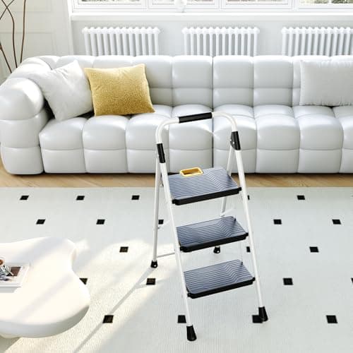 KINGRACK 3 Step Folding Ladder, 800lbs Capacity Step Stool with Safety Lock, Non-Skid Wide Pedals, and Handrail, Lightweight, Household Ladder for Home, Kitchen, Pantry, Closets, and Office Use, White 9