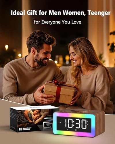 Digital Alarm Clocks for Bedrooms, Bluetooth Speaker, Alarm Clock with Wireless Charging, White/Brown Noise Sound Machine for Sleep with Night Light Wooden Vintage Decor Birthday Gifts for Men, Women 8