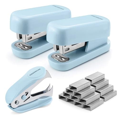WORKPRO Mini Stapler with Staples, Blue Stapler Set Includes Two Small Staplers, One Staple Remover, 2000 Standard Staples, Lock Design, Non-Slip Base - Staplers for Desk, Classroom, Office