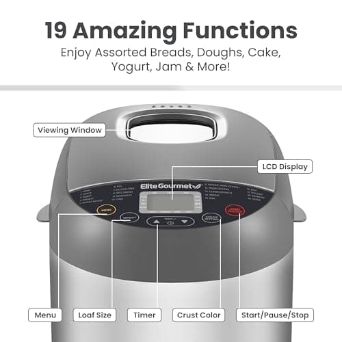 Elite Gourmet EBM8103SS Programmable Bread Maker Machine, 3 Loaf Sizes, 19 Menu Functions Gluten Free White Wheat Rye French and more, 2 Lb, Stainless Steel 5