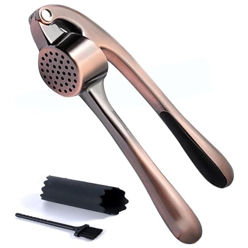 Kitessensu High Effective Premium Garlic Press Set, With Silicone Garlic Peeler & Brush, Heavy Duty Garlic Mincer, Easy to Squeeze and Clean, Rust Proof & Dishwasher Safe - Bronze