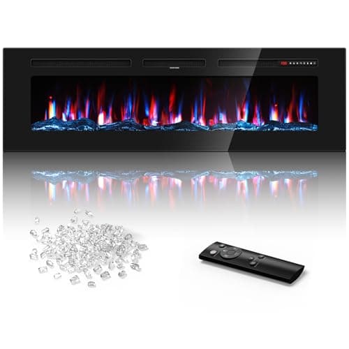 Manastin 60 inch Electric Fireplace in-Wall Recessed and Wall Mounted with Remote Control, 1500/750W Fireplace Heater (60-99°F Thermostat) with 12 Adjustable Color, Timer, Log and Crystal