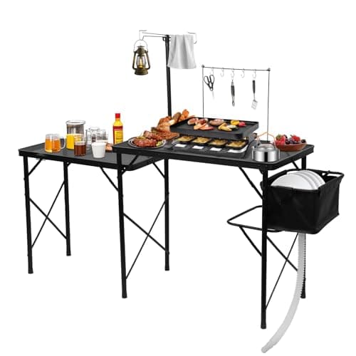 Camping Kitchen Table with Sink,Aluminum Kitchen Camping Table,Folding Portable Outdoor Cook Station with Telescoping Lanter Pole,High Temperature Resistance,Easy to Clean for Camping Trips,Picnic BBQ