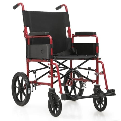 monicare Folding Transport Wheelchair for Adults, Heavy-Duty Wheel Chair with Padded Armrest and Swing-Away Footrest, 18 Inch Wide Seat Transport Chair for Seniors, 300Lbs Capacity, Red