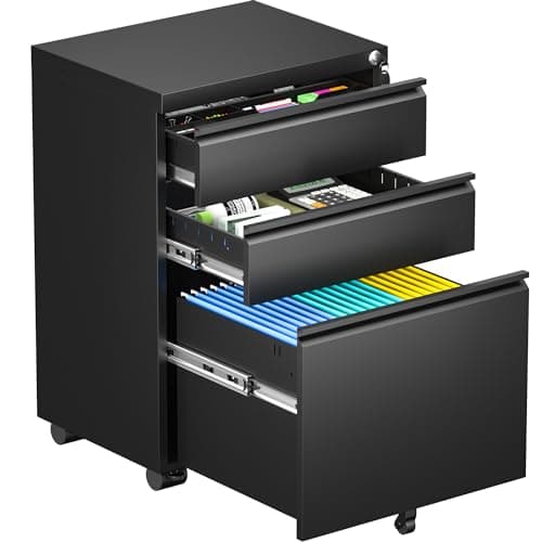 Bonusall Black File Cabinet, 3 Drawer Mobile File Cabinet with Lock and Wheels, Under Desk Metal Filing Cabinets for Office with 2 Keys for Legal/Letter/A4 Size, Fully Assembled （B）