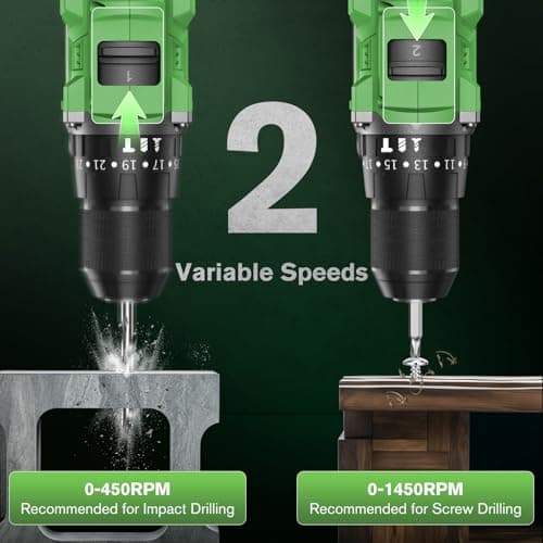 Ginour 21V Brushless Cordless Hammer Drill 442 in.lbs 18000BPM 3/8" Keyless Chuck Impact Drill with 2 Batteries and Charger 23+3 Clutch, 47PCS Accessoires for Metal, Wood, Brick Wall 6