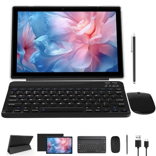 NOVOJOY 2 in 1 Tablet 10 Inch Android 15 Tablets, Tablet with Keyboard, Mouse, Case, Stylus, 32GB ROM+8GB RAM, 2MP+8MP Dual Camera, Quad Core Processor, 6000mAh Battery, 10.1 in FHD Tab Black Tableta
