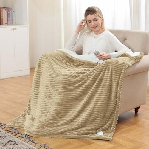 Heated Blanket Electric Throw - Soft Flannel Electric Blanket 50" x 60", Heating Blanket with 10 Time Settings, 6 Heat Settings, Machine Washable with Over-Heat Protection (Brown)