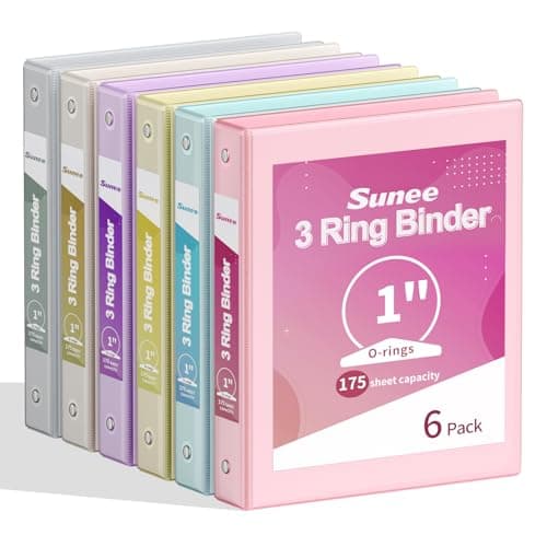 SUNEE 1 Inch Binders 3 Ring 6 Pack, Clear View Three Ring Binders PVC-Free (Fit 8.5x11 Inches) for School or Office Supplies, Pastel Binder