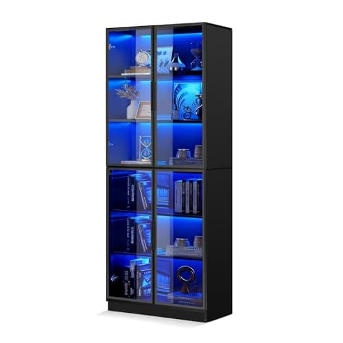 JOYUSAEN Black Display Cabinet,78 Inch High Bookshelf, Multi-Color LED Ambient Lighting, 6-Story Large Storage Space, Transparent Tempered Glass Door, Suitable for Bedrooms, Living Rooms, Offices