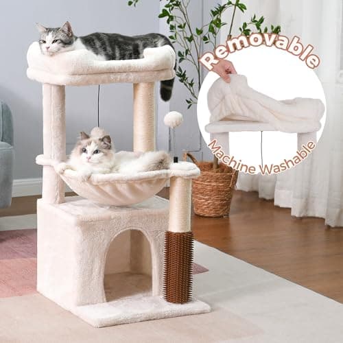 Pawfessor Cat Tree 32 Inches Small Cat Tree for Large Cats Adult Cat Tower with Scratching Post,15.7”Large Hammock and Self Groomer, and Removable Top Perch and Wide Condo for Indoor Cats-Beige 5