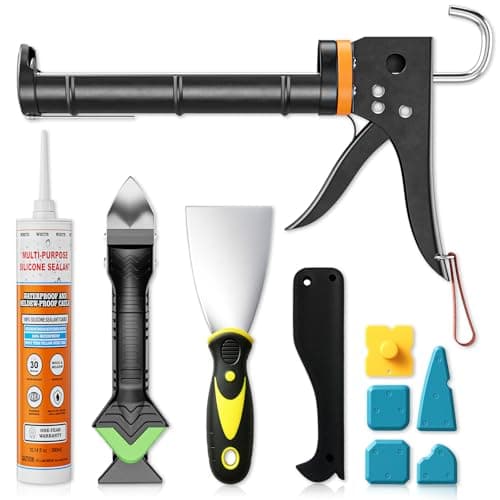 Professional Caulk Gun Kit with Caulk Remover & Silicone Sealant - 5 in 1 Caulking Tool Set for Caulking Removal, Includes Caulking Gun Tool, Silicone Scraper