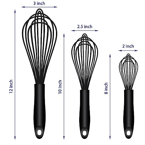 OYV Dishwasher Safe Silicone Whisk, Sealed Waterproof Design Set of 3, Professional Kitchen Whisks for Cooking Non-Scratch, Silicone & Stainless Steel Whisk, Heat Resistant Balloon Egg Beater, Black 6