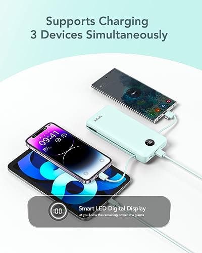 VRURC Portable Charger 20000mAh, Fast Charging Power Bank USB C,4 Output 2 Input Travel Essentials Charging Bank Equipped with LED Display,Built-in Wall Plug and Cables,Phone Charger Battery,Green 7