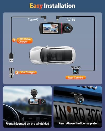 Kussla Dash Cam Front and Rear Inside, 1080P 3 Channel Dash Camera for Cars with 64GB Card, Super Night Vision Dashcam, Car Camera with Loop Recording, G-Sensor, WDR, 24H Parking Monitor 7