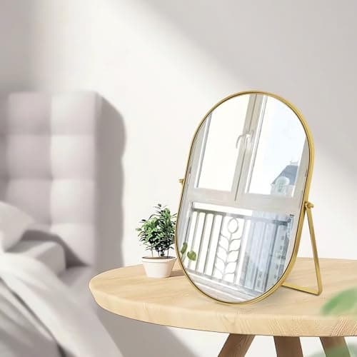 Numjeg Vanity Desk Table Mirror Oval Makeup Mirror 90°Adjustable Rotation Golden Metal Framed Standing Mirrors Room Decor for Living Room,Bedroom,Tabletop,Bathroom 2