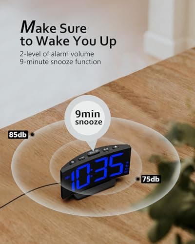 GOLOZA Digital Alarm Clock for Bedrooms, Digital Clock with Modern Curved Design, Conspicuous Blue LED Numbers, 5 Levels Brightness+Off, 2 Volume, 3 Alarm Tones, Snooze, Power-Off Memory, 12/24H 5