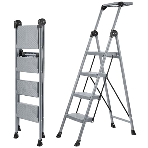 XinSunho 4 Step Ladder, Foldable Step Stool Ladder with Handrails & Tray, 660 lbs Heavy Duty Wide Pedals, Sturdy Steel Folding Ladder for Kitchen, Home, and Household Use(Silver, 4 Step)