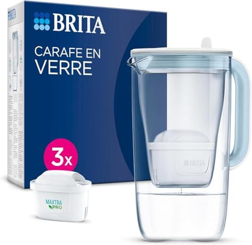 BRITA Glass Water Filter Jug Light Blue (2.5L) Starter Pack inc. 3X MAXTRA PRO All-in-1 Cartridge - Premium Glass jug with Easy-Filling Flip-Lid and Indicator - in Sustainable Smart Box Packaging