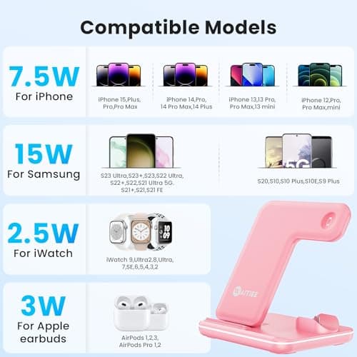 WAITIEE Wireless Charger 3 in 1, 15W Fast Charging Station for Apple Watch 10/9/8/Ultra 2/Ultra/SE/7/6/5/4/3/2, for AirPods 3/2/1/Pro for iPhone 16/15/14/13 /Plus/Pro/Pro Max/12/11 (Pink) 9