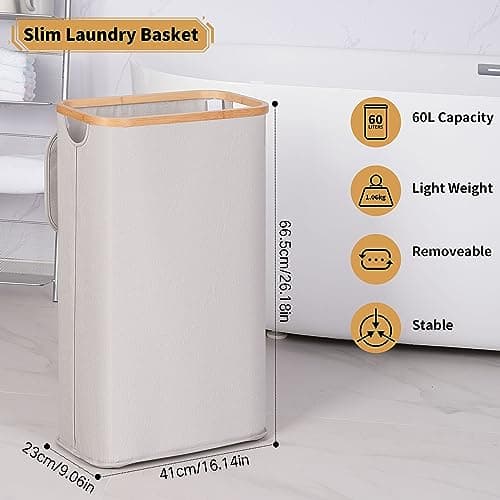 iEGrow 60L Slim Laundry Hamper With Lid, Foldable Clothes Basket with Bamboo Handles and Removable Inner Bag, Light Grey 5