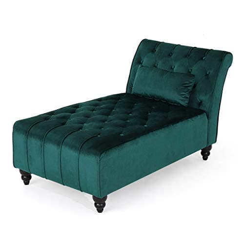 Christopher Knight Home Rafaela Modern Glam Tufted Velvet Chaise Lounge with Scrolled Backrest, Dark Teal and Dark Brown 54.5D x 28.5W x 30.25H in
