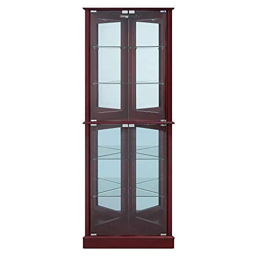 BELLEZE Lighted Corner Display Curio Cabinet Wooden Shelving Unit with Tempered Glass Door, Bar and Liquor Storage Area with 6 Shelves - Woody (Cherry) 6