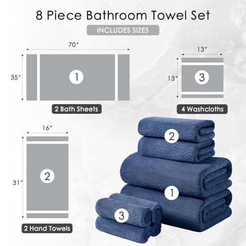 8 Piece Bath Towel Set Navy |2 Oversized Large Bath Sheet,2 Hand Towels,4 Washcloths| Ultra Soft Cozy Bath Towel Set for Bathroom Hotel Gym Spa,Highly Absorbent & Quick Dry Bathroom Towel Collections 5