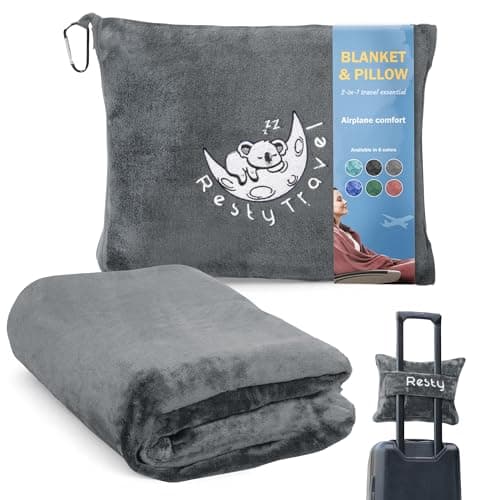 Resty 65"x40" Traveling Airplane Blanket, Deep Gray – Lightweight, Velvety Soft Blanket That Becomes a Travel Pillow – Must-Have Comfort for Planes & Road Trips – Travel Essentials for Women & Men