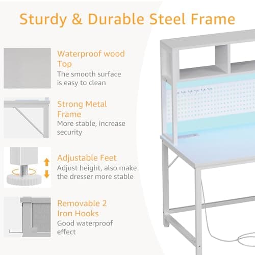 White Gaming Desk with Hutch and Pegboard - Computer Desk with Hutch, Power Outlet, 47 Inch Art Desk with Storage, Hooks, RGB and Side Bag, Writing Modern Study Teen Desks for Girl Bedroom Home Office 5