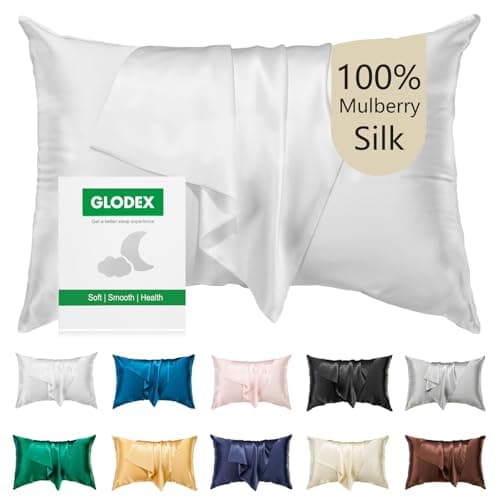 Glodex 100% Pure Mulberry Silk Pillowcase for Hair and Skin Face - Both Sides 25 Momme Grade 6A with Hidden Zipper Ultra-Soft and Breathable 1Pc Gifts for Women Men (White, Standard 20"×26")