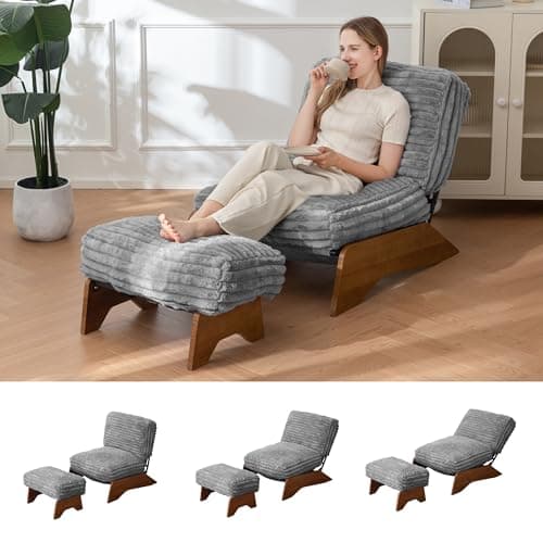 MAXYOYO Modern Adjustable Accent Chair with Ottoman, Upholstered Living Room Chair with Footrest Set, Soft Reclining Lounge for Bedroom, Apartment, Office, Grey