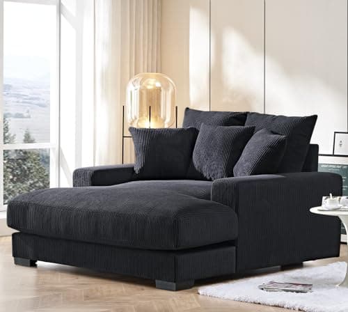 Container Furniture Direct Luxe Upholstered Chaise Lounge Sofa in Soft Corduroy Fabric with Removable Cushions, Oversized Chair for Relaxing in Living Room or Bedroom, 55.1" Wide, Black