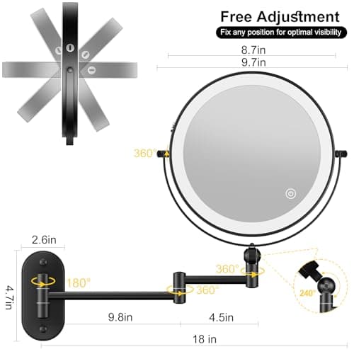9" Wall Mounted Lighted Makeup Mirror,4000mAh Rechargeable Double Sided 1X/10X Magnifying Mirror with Light,3 Color Lights,Touch Dimmable,Extended Arm 360 Rotation Wall Mounted Makeup Mirror 6