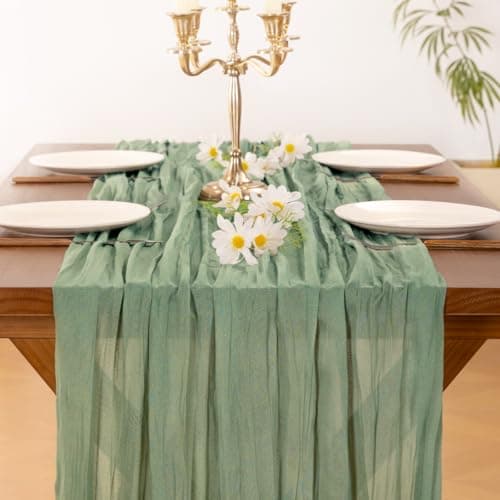 Socomi Sage Green Cheesecloth Table Runner Easter Spring Boho Rustic Farmhouse Gauze 120 inch 10FT Cheese Cloth Runner for Wedding Party Baby Shower Birthday Home Decor Holiday Decorations 5