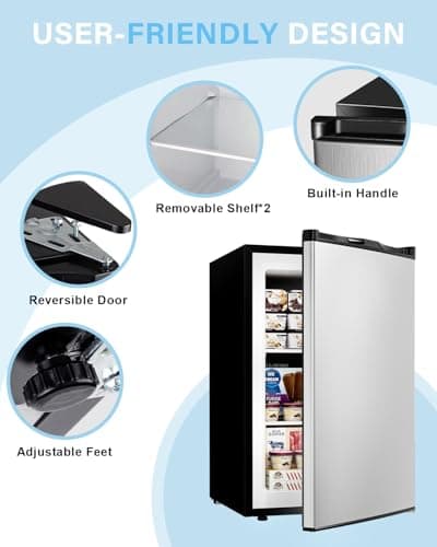Feelfunn 3.0 Cu.ft Upright freezer - Compact Mini Freezer with 7 Adjustable Thermostat, Removable Shelves, Reversible Single Door, 360°Uniform Cooling Small freezer for Home Office Dorm, Silver 6