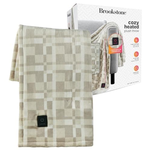 Brookstone Heated Throw Blanket - Heat Blankets Electric - Faux Fur Heated Throw Blanket- 4 Heat Settings, 4-Hour Auto Shut Off, 100% Polyester, 50"x60" - Chic Plaid